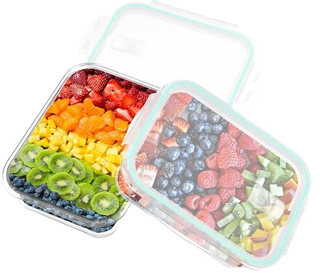 Gcirn Glass Food Storage Containers with Lids of 640ML*2, BPA-Free Glass Meal Prep Containers, Lunch Box，Food Containers with Blue Lids