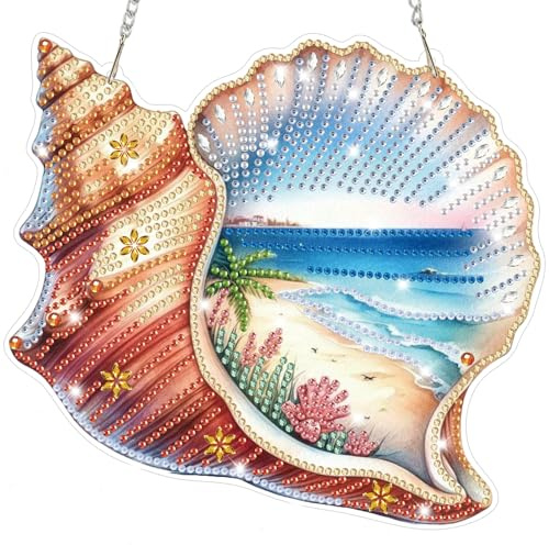 Lxmsja Muschel Diamond Painting Anhänger, 5D Somm Diamond Painting Strand Fensterbilder für Erwachsene, Bastelset Kreativ Set Hängend Ornament Geschenke Tür Fenster Wand Eingang Decor