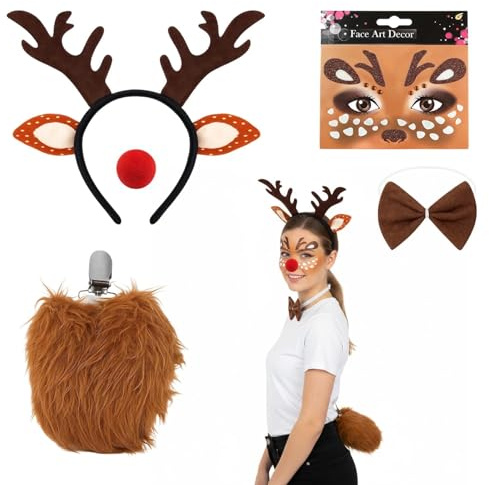 Reh Haarreif Mit Gesichtstattoo 5-teiliges Reh Geweih Haarreif Set mit Geweih-Kopfschmuck, Roter Nase Fliege und Schwanz für Weihnachtsfeiern, Karneval und Cosplay