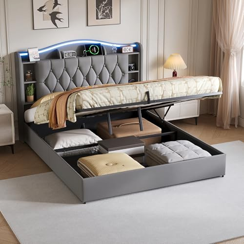 Bett mit Stauraum 140x200 mit LED, Polsterbett Doppelbett mit USB, Hydraulisch Stauraumbett, Jugendbett mit Stauraum Kopfteil, Bettgestell mit Lattenrost, Boxspringbett, Grau, Samt, Ohne Matratze