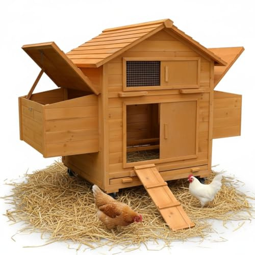 Mucola Hühnerstall Hühnerhaus rollbar mit Legenest 157x90x114 cm Holz | 2 Nestboxen, 4 Nistplätze von außen zugänglich, Frontfenster aufschiebbar, inkl. Rampe, leichter Standortwechsel, wetterfest
