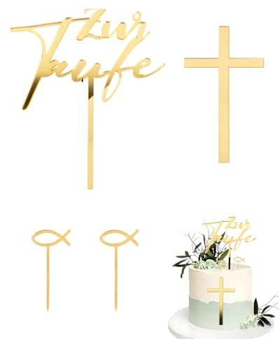 TBCDS 4 Stück Tortendeko Taufe, Kreuz Cake Topper Taufe, Acryl Gold Kuchen Topper Fisch Kommunion Cupcake Topper, Tortendeko Taufe mädchen für Babyshower Kuchen Dekoration