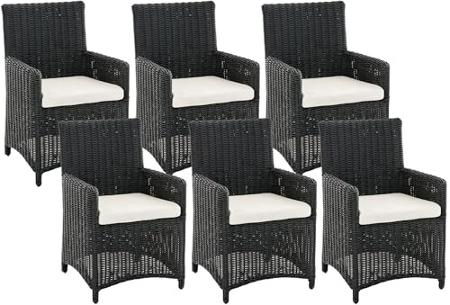 CLP Gartenstuhl 6er Set Fontana, Polyrattan Gartenstühle, Hochlehner mit Sitzkissen, Wetterfeste Garten-Sessel mit Armlehnen, Outdoor Stuhlset, Farbe:schwarz, Polsterfarbe:Cremeweiß