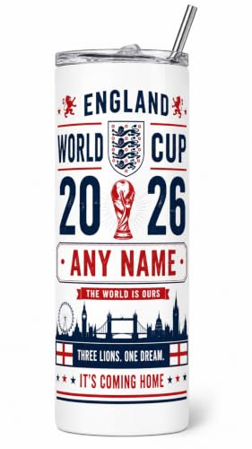 Personalised England Football Tumbler, Custom Name Travel Mug, England Supporter Gift, Stainless Steel Insulated Cup with Straw, Football Gift