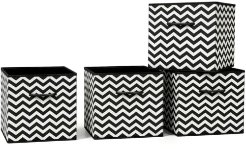 Collapsible Fabric Storage Cubes, Pack of 4 Foldable Boxes with Handles | Black White Chevron 27 x 27 x 27 cm | Non-Woven Fabric | Open-Top Cube Shelf Baskets For Wardrobes, Toys, Clothes & Nursery