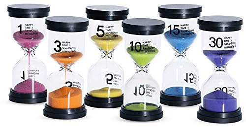 Sand Timer 6 Colors Hourglass 1/3/5/10/15/30 Minutes Sandglass Timer Sand Clock for Kids Games Classroom Kitchen Home Office Decoration (Pack of 6)