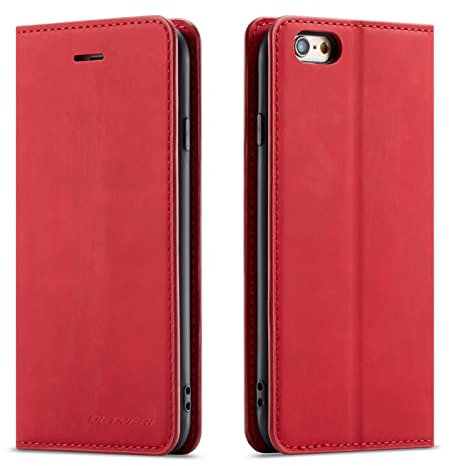 QLTYPRI Case for iPhone 6 iPhone 6S, Premium PU Leather Cover TPU Bumper with Card Holder Kickstand Hidden Magnetic Adsorption Flip Wallet Case Cover for iPhone 6 iPhone 6S - Red