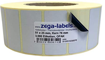 Thermotransfer Etiketten BLICKDICHT OPAK auf Rolle - 51 x 25 mm - 3.000 Stück je Rolle - Kern: 76 mm - aussen gewickelt - permanent haftend - Druckverfahren: Thermotransfer (Drucken mit Farbband)