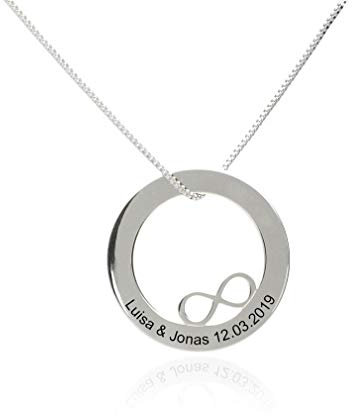 Personalisierte Infinity Unendlichkeitszeichen Anhänger Halskette, 925 Silber mit Gravur als Namenskette Familienkette mit Namensgravur