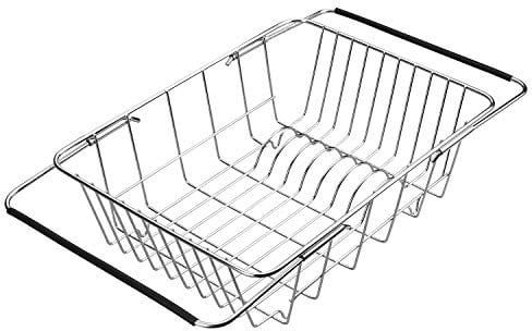 QIWODE Over Sink Drainer Rack Extendable, Dish Drying Rack Small, Kitchen Sink Basket Stainless Steel for Washing and Draining Vegetables, Fruits, Plates, Bowls, Cups, Silver