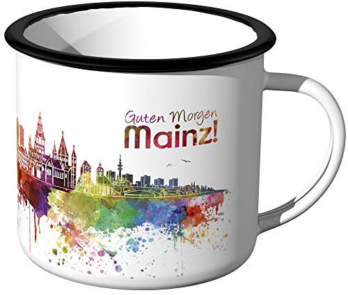 JUNIWORDS Emaille-Tasse, Guten Morgen Mainz, Skyline Aquarell, Schwarzer Tassenrand
