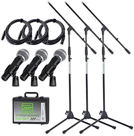 Pronomic DM-58-C Vocal Mikrofon Starter Set - 3 dynamische Mikrofone - Elastisch gelagerte Kapsel - EIN-/Aus-Schalter -Set mit Mikrofonstativen und 5m-Kabeln - Koffer - Schwarz