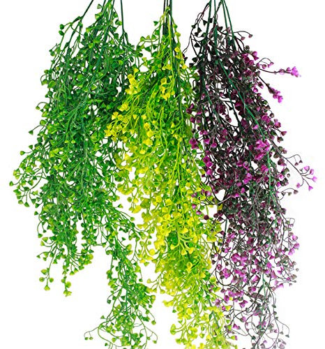 PINVNBY Artificial Hanging Plants Reptile Tank Habitat Decorations Climbing Terrarium Plant with Suction Cup for Bearded Dragons Lizards Geckos Snake Pets Hermit Crab 3PCS