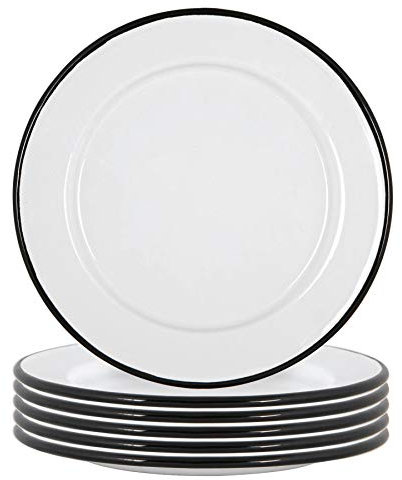 Argon Tableware Placas laterales de esmalte blanco - Metal platos de comida para acampar al aire libre - 20 cm - Negro - Paquete de 6