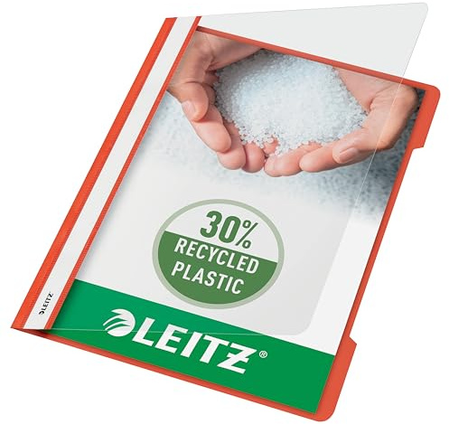 Leitz A4 Standard Schnellhefter, 25er Pack, 30% Pre-Consumer Recycling-Kunststoff, Hefter für A4-Blätter, 60 Blatt Kapazität, Ideal als Dokumententasche für Schule oder Büro, Hellrot, 41910020