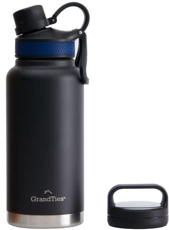 GrandTies Botella de agua deportiva de acero inoxidable con 2 tapas, 900 ml, reutilizables, boca ancha, botella de agua aislada al vacío, botella de agua más fría para hombres y mujeres, negro