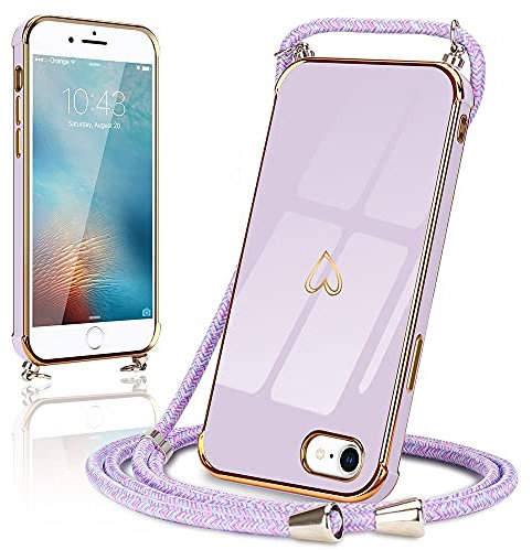 Micoden Handykette für iPhone SE2022,iPhone 7,iPhone 8,iPhone SE2020 Hülle Ultra dünn Kameraschutz Herz Love Design Galvanik Silikon Bumper Kordel zum Umhängen Handyhülle mit Band Schutzhülle,Lila
