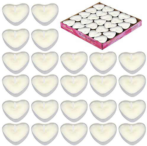 NATUCE Lot de 50 Bougies Chauffe-Plat en Forme de Cœur, Bougies Chauffe-Plat Blanc non Parfumées pour Fête Anniversaire Noël, Ø 38 mm