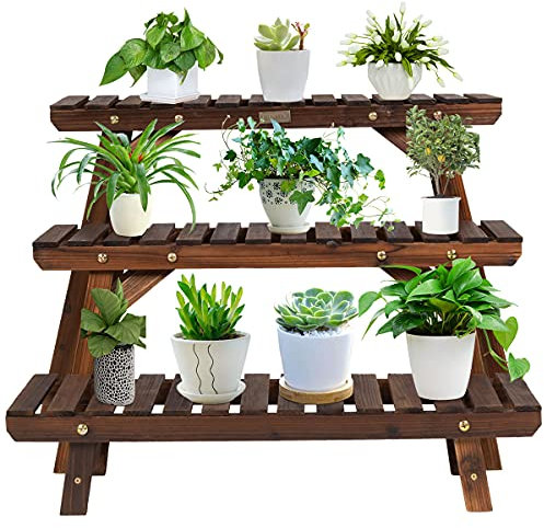 RELAX4LIFE Lot de 3 Étagères en Bois Carbonisée pour Plantes, Lot de 3 Supports de Pots de Fleurs, Charge Max 30 KG pour Balcon, Terrasse, Salon, Jardin