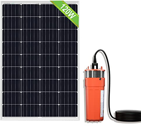 Bomba de pozo solar, conjunto de bomba de pozo profundo solar de 120 W, bomba sumergible de 12V (96W) con panel solar de 120W para riego, bombeo