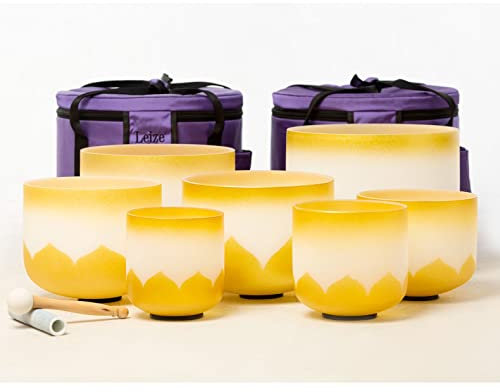 Leize 6-12 inch Gold Lotus Design Chakra Tuned 432hz Set of 7 Quartz Crystal Singing Bowls with Heavy Duty Carrying Cases and Singing Bowl Mallet Suede Strikers