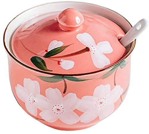 FülleMore Keramik Gewürzdose Gewürzgläser 300ml Zuckerdose mit Deckel und Löffel süße Blumenmuster Salztopf Aufbewahrungsdose für Küche Esstisch (Rosa)