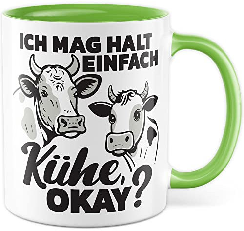 Kühe Tasse mit Spruch lustig Kuh Kaffeetasse Bäuerin Kaffee-Becher Rinder Kuhstall Tasse Ich mag halt einfach Kühe Witz Tasse Humor Bauer Bauernhof Tierhalter Tiere Landwirtschaft Landwirt (Weiß/Grün)