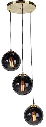 QAZQA - Art Deco Schicke Hängelampe I Pendellampe I Pendelleuchte aus Messing mit schwarzem Glas inkl. 3-flammig WLAN ST64 - Pallon Dimmer I Dimmbar I Wohnzimmer I Schlafzimmer - Kugel I Kugelförmig I