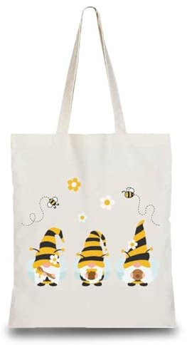 CREATCABIN GNOME Bee Baumwoll-Einkaufstasche Canvas 100% Baumwolle Wiederverwendbare Strandtasche Sommer Umweltfreundlich Ästhetisch DIY Handwerk Multifunktional Für Frauen Geschenke Alltag 34x38cm