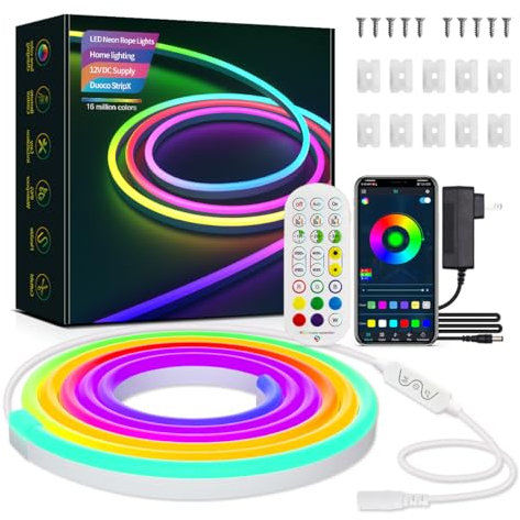 Defvnsy Neon LED Strip 5M, RGB Streifen Lichter mit App-Steuerung, Musik-Sync, DIY Lichtband, 12V IP67 Wasserdichte Licht Band für Decke, Schlafzimmer, Gaming, Wohnzimmer