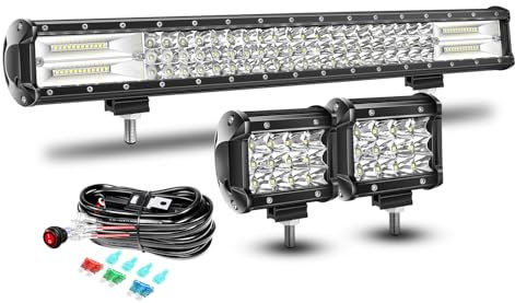 RIGIDON 23 Zoll 59cm 324W Wasserdicht LED Arbeitsscheinwerfer Bar mit 12V Kabelbaum kit, 2 Pcs 10cm 36W Led Scheinwerfer Offroad für 4x4 Auto Traktor SUV ATV, 6000K Weiß Rückfahrscheinwerfer
