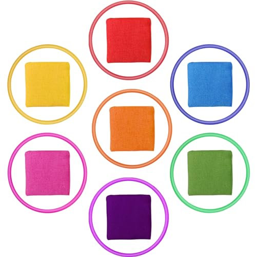 FRIUSATE 14Pcs Throwing Game Set,7Pcs Nylon Bean Bags (5 * 5CM) 7Pcs Plastic Toss Rings Colorful Kids Beanbag Toss Game Carnival Toys for Toddlers Kids Indoor Outdoor Activities
