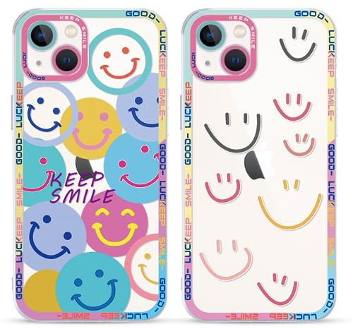 Yoedge 2 Stück Happy Smiley Face HandyHülle für Apple iPhone 13 Mini Hülle 5,4, Transparent Smile Gesicht Niedliches Muster Design Aesthetic Case Schutzhülle für iPhone 13 Mini Mädchen Frauen Cover