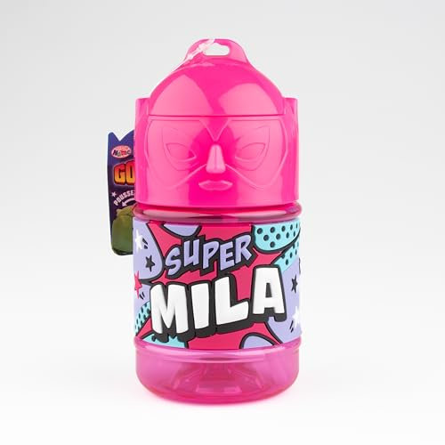 Bouteille personnalisée pour enfant, gourde d'eau avec paille - Super Mila, Rose