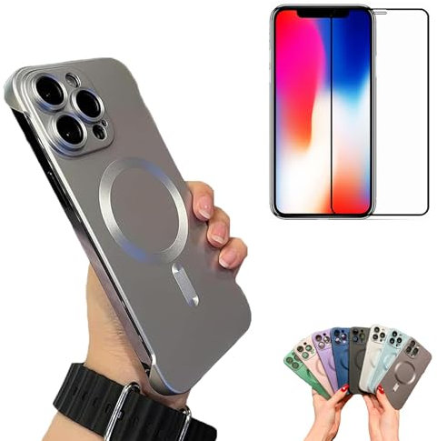 OSEVIO Frameless Matte Ultra Thin Magnetic Phone Case, Metallic Paint Frameless Magnetic Phone Case, Matte Pc Ultra Thin Borderless Case with Lens Protector (For lphone 12 Pro Max,Silver)