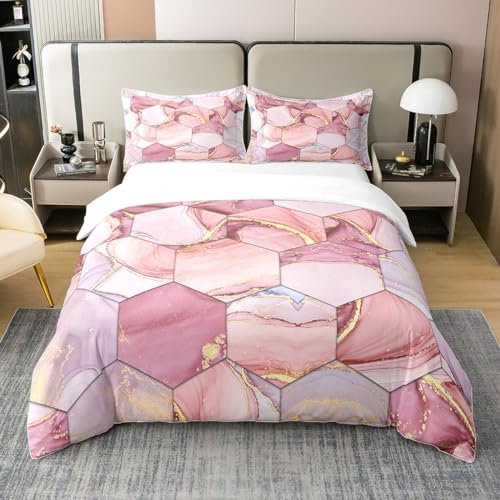 Homewish Housse de Couette 240x260 en Coton Marbre, Parure de Lit en Marbre Rose Violet et Or, Ensemble de Literie en Nid d'abeille Hexagonale, Housse Couette Géométrique Moderne,Rose