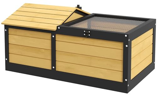 PawHut Wooden Tortoise House Tortoise Table with Hide Shelter Run, Openable Top, Tray, Yellow