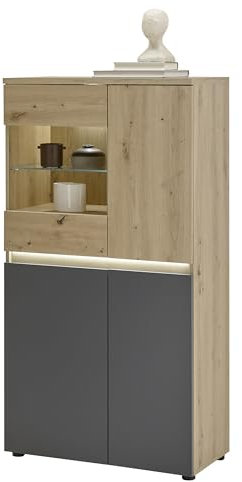 Stella Trading Lille Highboard mit LED-Beleuchtung in Anthrazit, Artisan Eiche Optik - Moderner Wohnzimmerschrank mit viel Stauraum - 75 x 140 x 38 cm (B/H/T)
