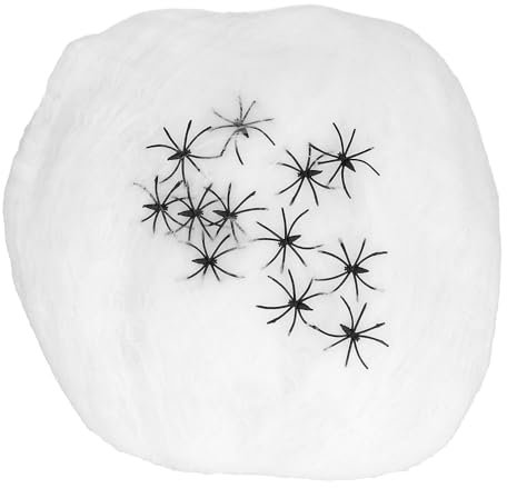 Boland 74339 - Spinnennetz weiß 500 g mit 25 schwarzen Spinnen, Halloween Dekoration, Party Deko