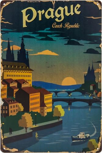 Historisches Retro Vintage Blechschild mit Souvenir Reisemotiv, Ferien, Abenteuer, Urlaub Deko Schild, 30 x 20 cm (Prag, Tschechien)