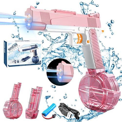 Shinybox Wasserpistole Elektrisch, Automatische Burst Wasserspritzpistolen mit LED-Licht, Doppelmagazin Große Kapazität, Wasserspritzpistole Elektrisch für Sommer, Strandparty, Pool(Rosa)