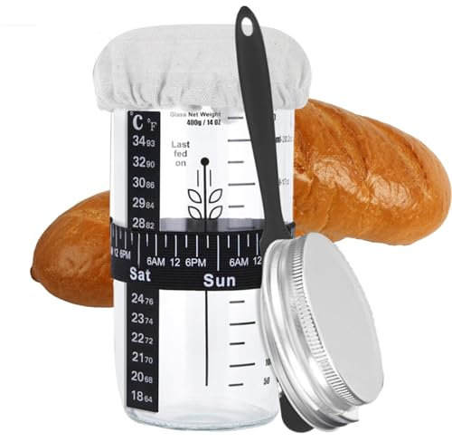 RZXBB Sauerteig Starter Set - Sauerteig Glas Mit Aluminiumdeckel Thermometerstreifen Spatel Stoffabdeckung - Glas Sauerteig Starter Jar Kit Brot Backen Zubehör Zum Backen Von Sauerteigbrot (A)