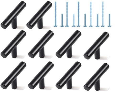 GULINO Tiradores Armarios 10 Piezas, Pomos Cocina En Forma De T Acero Inoxidable con Tornillos, Tiradores Cocina, Tirador Armario de un solo orificio, Pomos y Tiradores, tiradores armarios Negro