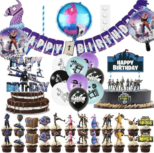 48pcs Game Theme Birthday Party Supplies,Video Game Balloons,Video Game Controller Aluminum Foil Balloon,Complete Party Kit for Gaming Theme Birthday Decorations Favors Cake Toppers