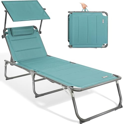 Homecall Sonnenliege Klappbar Mit Dach, Kopfstütze, 5-Fach Verstellbare Rückenlehne, 200 x 70 cm Gartenliege Wetterfest, Liegestuhl Klappbar Leicht, Bis 180 kg für Garten, Balkon - XXL (Türkis)