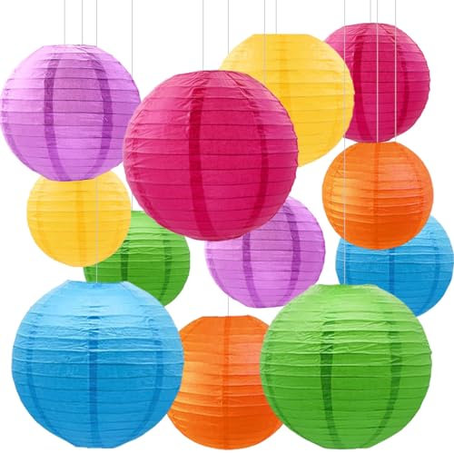 Lanterne en Papier Multicolores Décoration,Lot de 12 Lanternes Rondes en Papier Arc-en-Ciel pour Mariage, Anniversaire, Fête Prénatale, Mariage, Décoration de Jardin