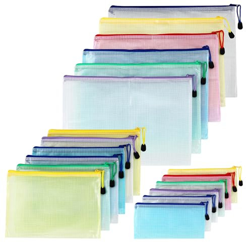 Dokumententaschen A4+A5+A6, 18 Stück Dokumententaschen mit Reißverschluss,Wasserdichte Document Case, Mesh Plastic Zip Bag für Dokumente, Papier, Kosmetika und Reisezubehör