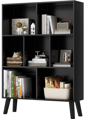 Würfel Bücherregal 3 Etagen Mid-Century Bücherregal mit Beinen, Retro-Holzbücherregale Organizer Aufbewahrungsregal, Freistehende moderne offene Bücherregale für Schlafzimmer, Wohnzimmer, Schwarz