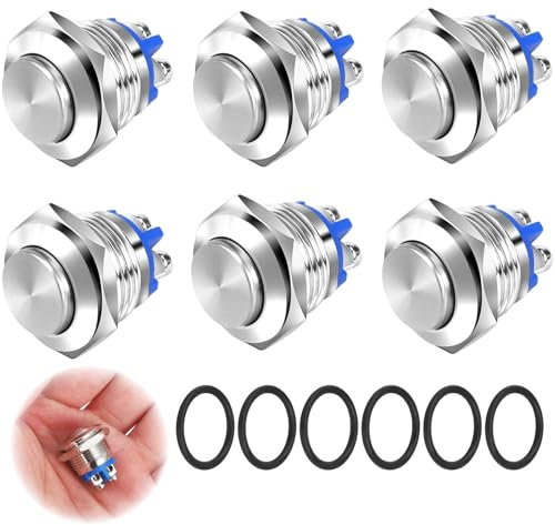 ChAusa 6 Pcs 16mm Momentary Push Button Switch Waterproof Starter Button Switch IP65 3A/12V 24V Brass Screw Type Terminals Metal Button for LED Light Car Boat Motorcycle(High Head)