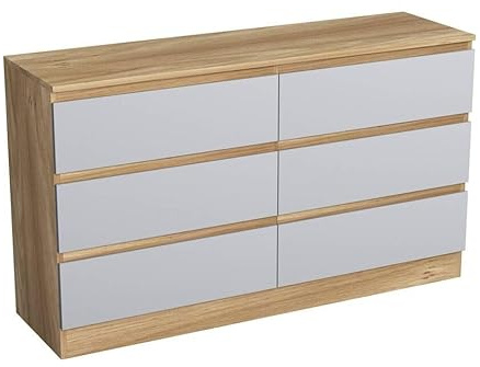 URBNLIVING Modern Oak Wooden Chest with Grey 6 Drawers for Bedroom or Office Storage Versatile Bedside Table and Stylish Cabinet for Organizing Clothes Accessories Work Place Supplies Items